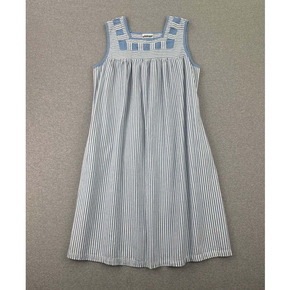 Vintage National Striped Patio Midi Dress 1X Blue White Striped Cottagecore